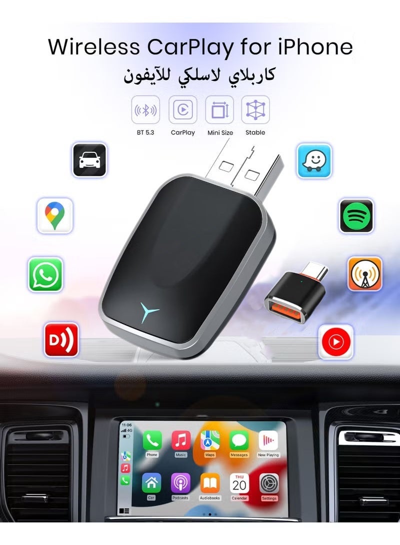 كافيلي محول CarPlay لاسلكي مُطوّر لأجهزة iPhone وAndroid، يحوّل نظام Apple CarPlay السلكي إلى لاسلكي، بدون تأخير، اتصال تلقائي، تحكم ثابت، مع كابل تمديد USB-C وType-C (أسود) - Image 1